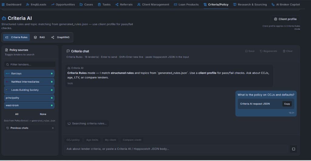 Criteria AI searching lender policy on CCJs and defaults